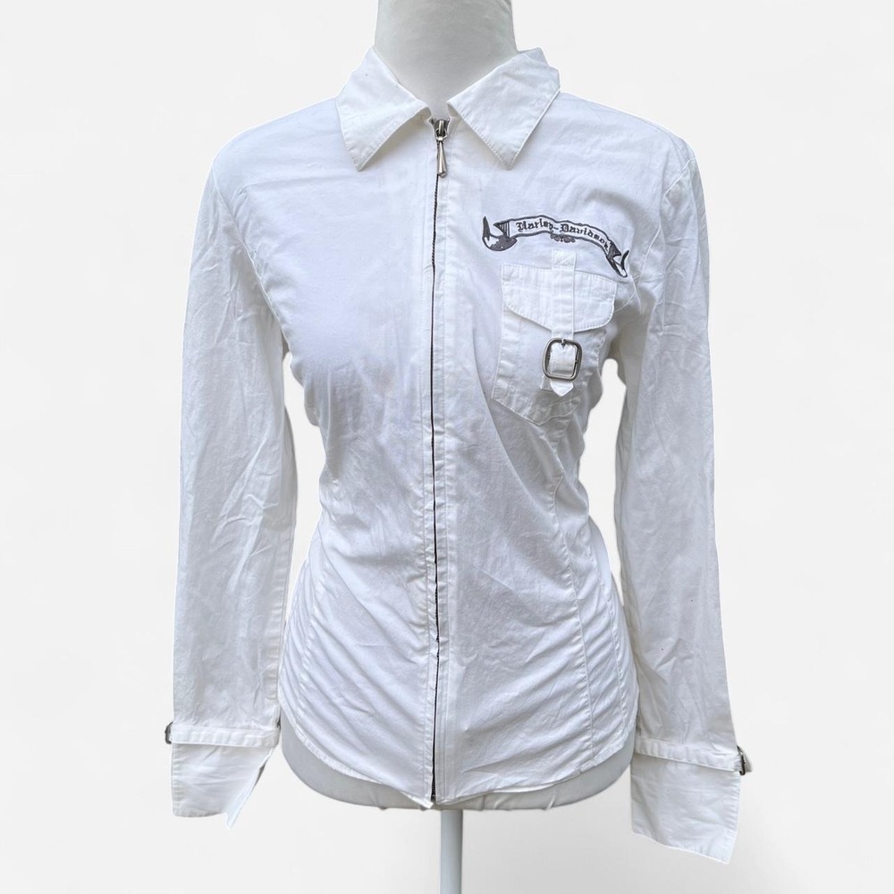 Y2K White harley davidson zip-up top with embroidered logo and buckle detail.
